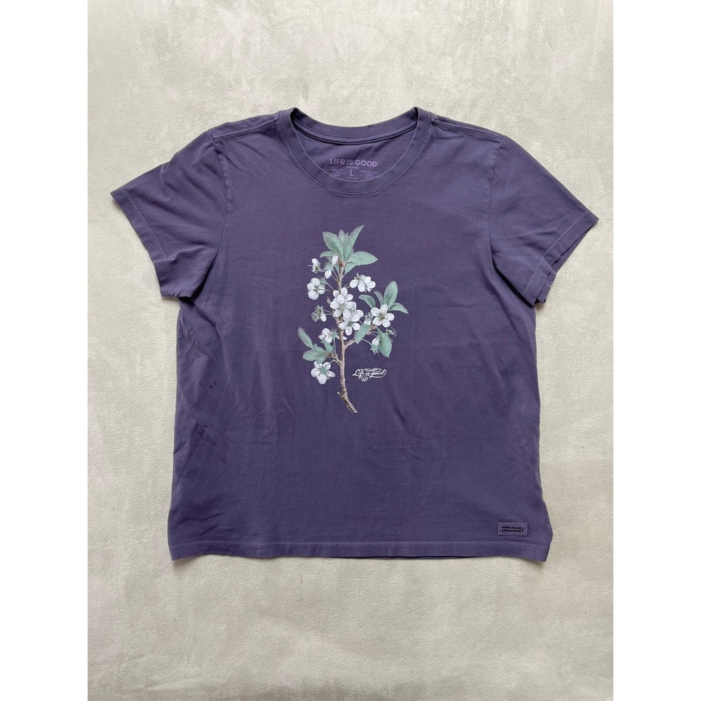 Life is Good Crusher Tee Womens Large Purple Cherry Blossom Floral Cotton Shirt